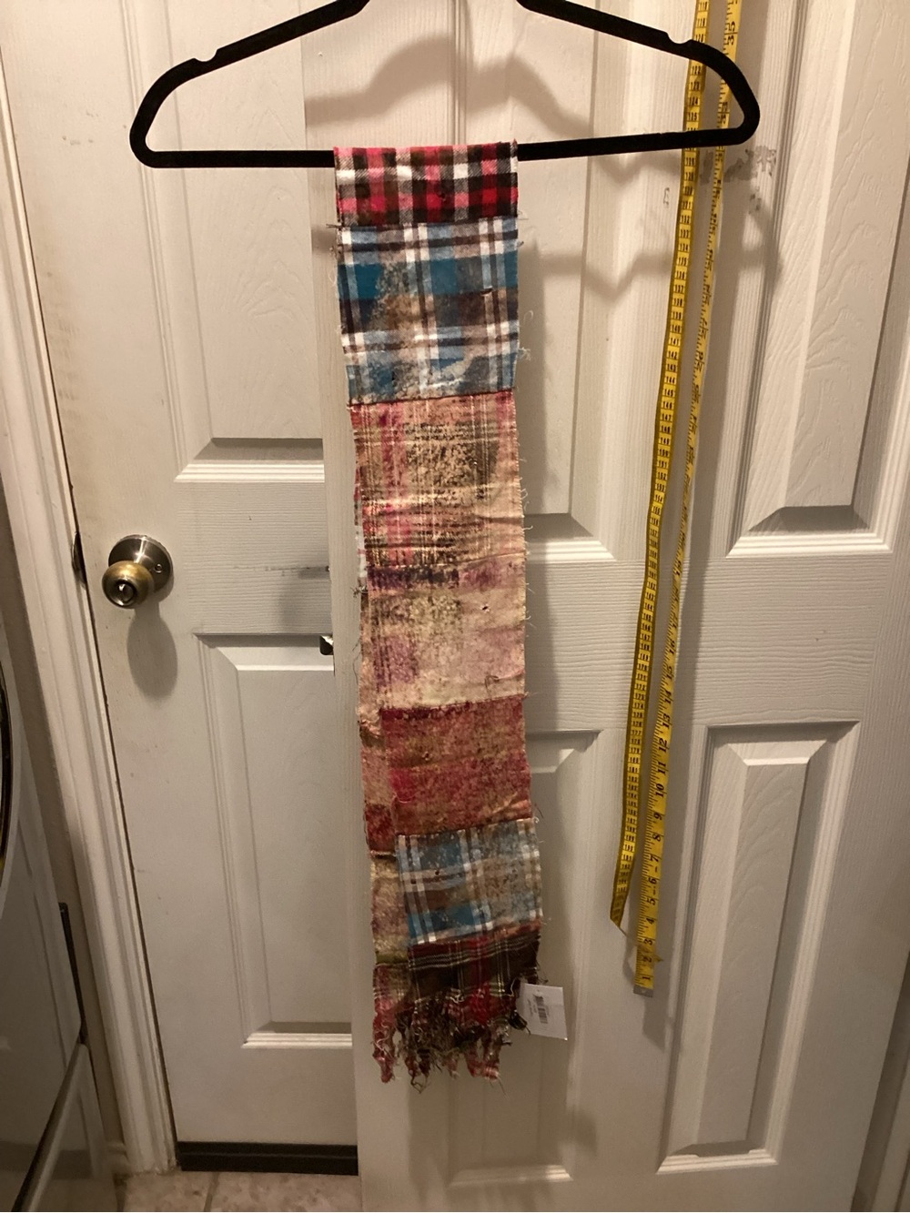Plaid Patchwork Fringe Scarf in Red, Blue & Brown